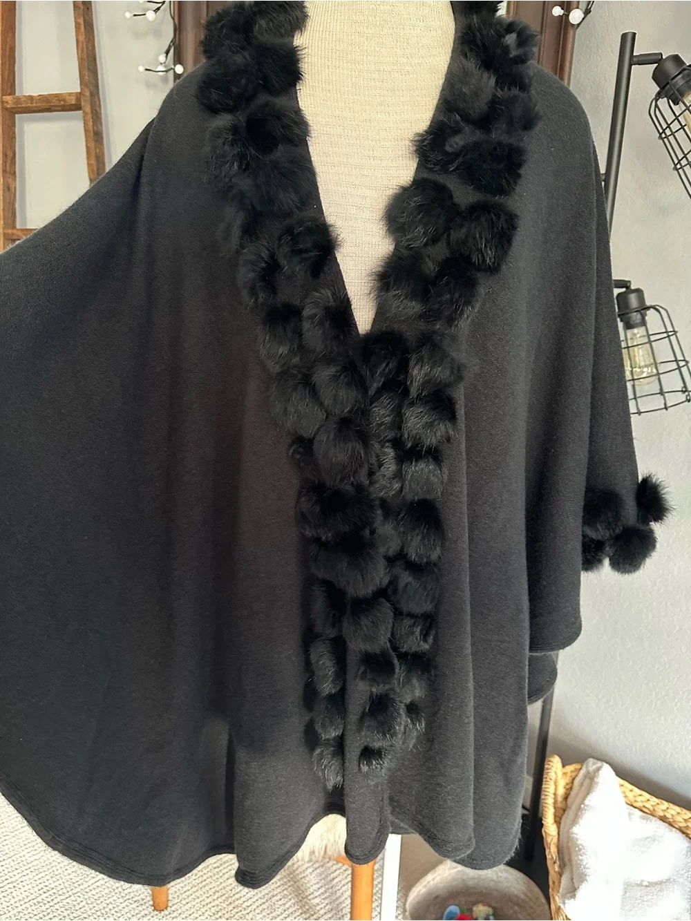 Black Knit Wrap with rabbit fur Pom Pom accents